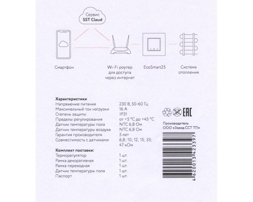 Терморегулятор Теплолюкс EcoSmart 25 Wi-Fi проводной, программируемый, белый 2239190